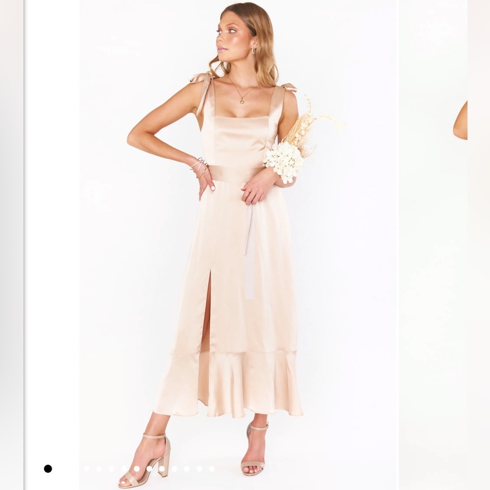 Show Me Your Mumu - Claire Midi Dress in Champagne Luce Satin